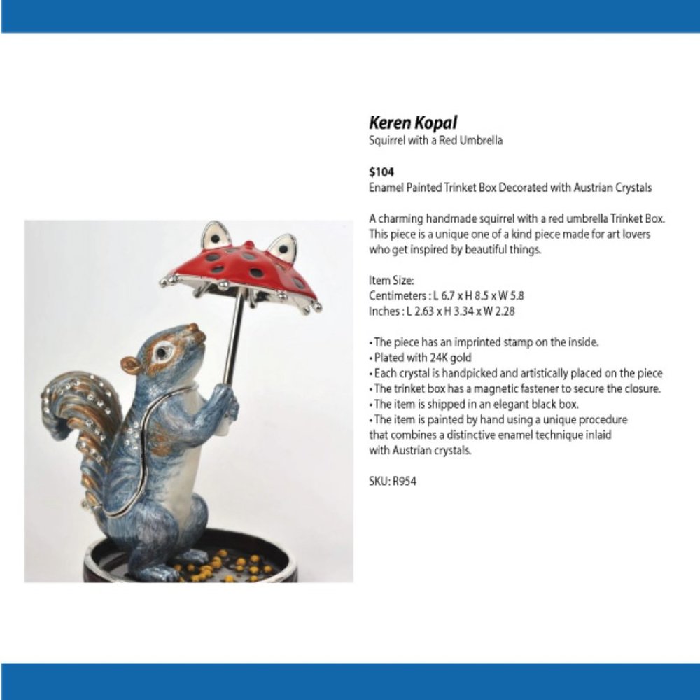 Keren Kopal Original Squirrel with a Red Umbrella -Trinket Box, NEW packaged Box